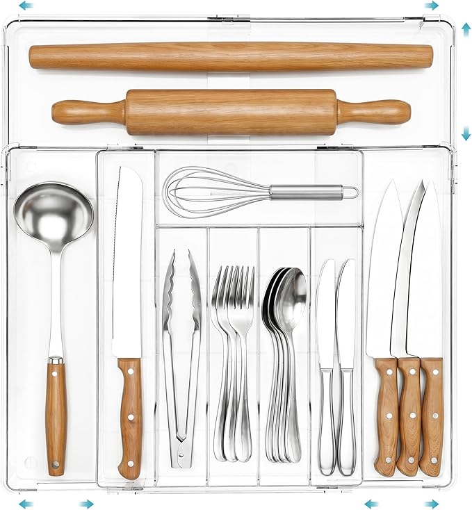 Vtopmart Expandable Silverware Organizer, Clear Plastic Food-Safe Cutlery Flatware Organizer, Kitchen Utensil Drawer Organizer, Adjustable Silverware Holder for Spoons Forks Knives, (6-9 Slots)