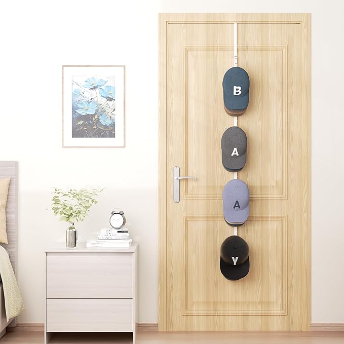 HapiRm Over Door Hat Rack - Hat Organizer with 4 Hooks Design, Hanging Baseball Cap Organizer Storage Holds Up to 20 Caps for Door, Bedroom, Closet(White)