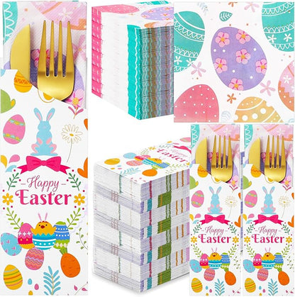 FoldTier 100 Pieces Easter Utensil Cutlery Holders Pouch Bags Easter Napkins Set Bunny Egg Silverware Holder Bag Utensil Sleeve Luncheon Napkins Spring Disposable Paper Napkins for Easter Party Table
