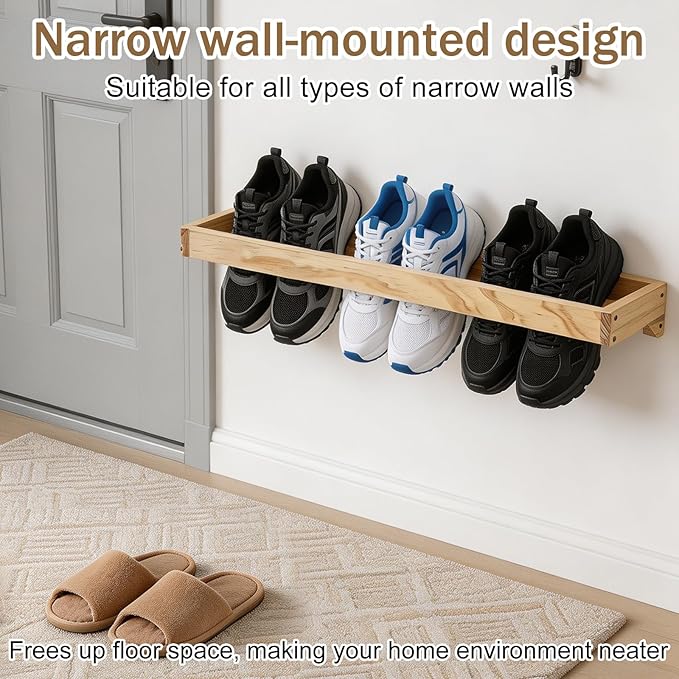 4 Pcs Wood Wall Mounted Shoe Rack 30 Inch Wall Mounted Shoe Rack for Narrow Spaces Footwear Holder Space Saving for Closet Mudroom Entryway