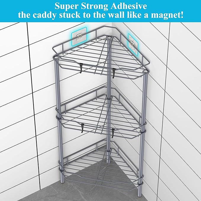 HuggieGems 3 Tier Floor Standing Corner Shower Caddy Organizer Shelf with Hooks, Bathroom Shelves Stand Rack, Dark Gray