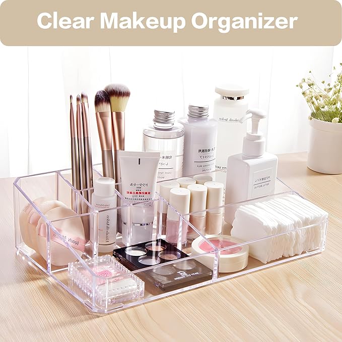 Clear Makeup Organizer, Makeup Brushes Storage Case, Cosmetic Display Case Tray, Tiered Skincare Organizer, Acrylic Lipstick Holder Countertop Desk Brush Organizer for Bedroom Vanity