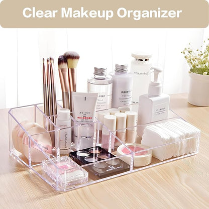 Clear Makeup Organizer, Makeup Brushes Storage Case, Cosmetic Display Case Tray, Tiered Skincare Organizer, Acrylic Lipstick Holder Countertop Desk Brush Organizer for Bedroom Vanity
