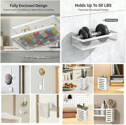 PUSDON 5-in-1 Wide Wall Mount Wrapped Mesh Kitchen Organizer & Shower Caddy Kit, with Paper Towel Holder, Utensil Holder, Soap Dish, Heavy Duty 50LBS - White, Netting