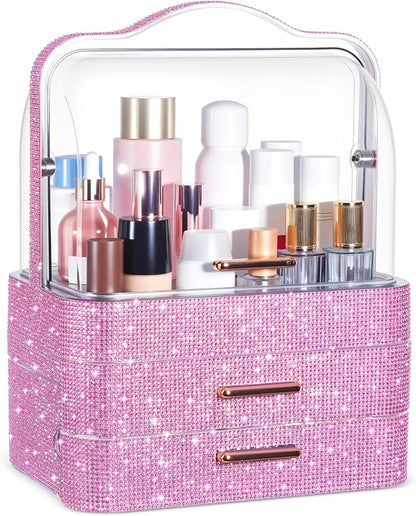 Honeydak Bling Makeup Organizer for Mothers Day Nurses Day Birthday Gifts Rhinestone Cosmetic Display Cases with Transparent Cover, Skincare Perfume Organizer for Countertop, Desk(Pink,Rhinestone)