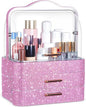 Honeydak Bling Makeup Organizer for Mothers Day Nurses Day Birthday Gifts Rhinestone Cosmetic Display Cases with Transparent Cover, Skincare Perfume Organizer for Countertop, Desk(Pink,Rhinestone)