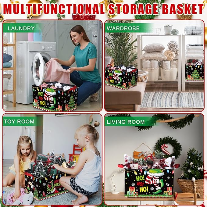 Geelin 3 Pcs Green Christmas Baskets Storage Black Green Merry Christmas Basket for Gifts Collapsible Waterproof Canvas Xmas Storage Bin Organizer with Handles for Book Closet Shelf Nursery Decor