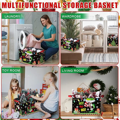 Geelin 3 Pcs Green Christmas Baskets Storage Black Green Merry Christmas Basket for Gifts Collapsible Waterproof Canvas Xmas Storage Bin Organizer with Handles for Book Closet Shelf Nursery Decor