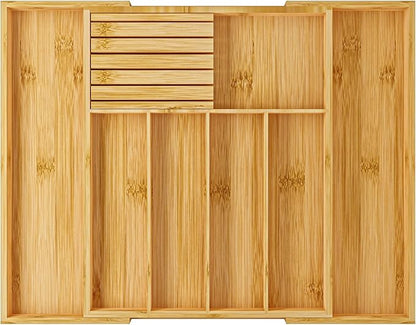 Silverware Organizer with Removable Knife Block - Bamboo Utensil Organizer for Kitchen Drawers Expandable Cutlery Organizer W12.8-20.2" x L16 x H2 (Yellow)