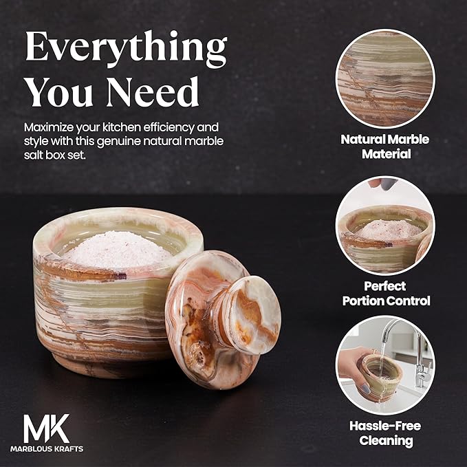MARBLOUS KRAFTS Marble Salt Cellar with Lid White Onyx and Green Onyx 3" Stone Spice Jar, Perfect for Kitchen Counters, Ideal for Storing Salt, Sugar, and Pepper Bowls, Gift for Mom