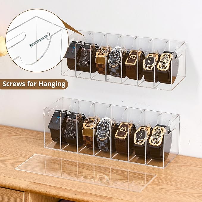 Acrylic Belt Organizer with Dust Cover – Clear Belt Rack & Storage Box, 7-Compartment Belt Holder for Closet, Drawer or Wall Mount – Space Saving Tie & Accessory Organizer for Men & Women