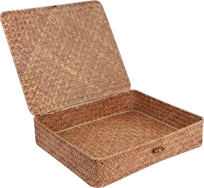 Moosky Flat Wicker Shelf Baskets with Lid, Handwoven Seagrass Basket Boxes for Storage Baskets Bins Home Decor Organizer (Coffee Large)