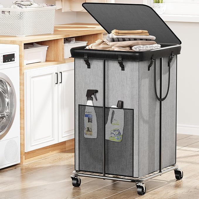 40 Gal Large Laundry Hamper with Lid, Rolling Laundry Basket with Wheels, Oxford Fabric Dirty Clothes Hampers with Removable Laundry Bag & Metal Frame for Bedroom, Laundry Room, Bathroom, Dorm(Grey)