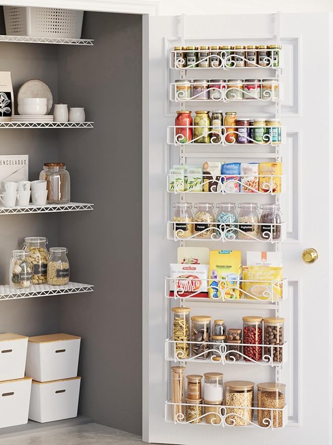 Over the Door Pantry Organizer - 8-Tier Adjustable Pantry Organization And Storage, Metal Hanging Door for Kitchen Pantry Organizers，White