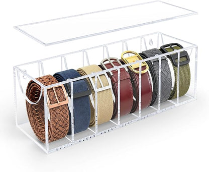 Belt Organizer, Acrylic Belt Storage Organizer for Closet with Dust Cover and Drawer,7 Compartments Transparent Display Case for Belts Best Gift for Men And Husband