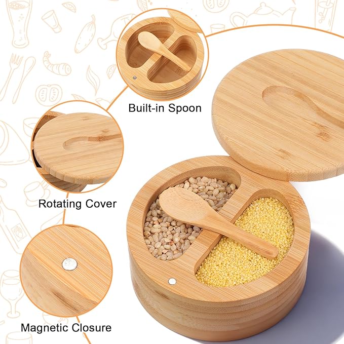 SHENLIU 2 Pack Acacia Wood Salt and Pepper Bowl Box, Built-in Spoon, 2 & 3 Compartments Spices Seasoning Container, Sea Salt Cellar Holder, Magnetic Swivel Lid Bamboo Salt Box for Salt Sugar Pepper
