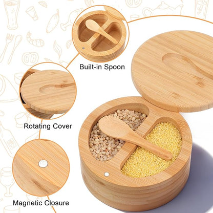 SHENLIU 2 Pack Acacia Wood Salt and Pepper Bowl Box, Built-in Spoon, 2 & 3 Compartments Spices Seasoning Container, Sea Salt Cellar Holder, Magnetic Swivel Lid Bamboo Salt Box for Salt Sugar Pepper