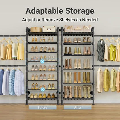 Timate S3 Wall Mounted Closet Organizer with Expandable Hanger Rods (24" to 36"), Heavy Duty Clothes Racks Industrial Wardrobe System with 8-Tier Shelves for Shoe Storage, Max Load 1050lbs, Black