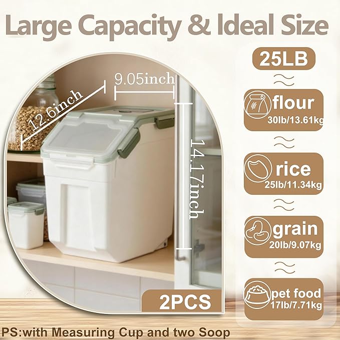 RUIAN Large Airtight Storage Container,25lb Flour Rice Storage Containers Bin with Wheels Seal Locking Lid, with Measuring Cup&Scoop for Flour, Rice, Grain100LBS Total(Green, 4PCS)