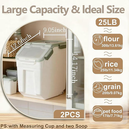 RUIAN Large Airtight Storage Container,25lb Flour Rice Storage Containers Bin with Wheels Seal Locking Lid, with Measuring Cup&Scoop for Flour, Rice, Grain100LBS Total(Green, 4PCS)