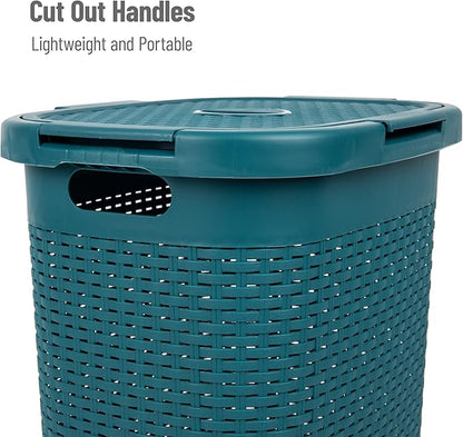 Mind Reader Slim Laundry Hamper with Lid, 60L Tall Clothes Basket, Narrow Tapered Design for Bathrooms, Closets and Laundry Rooms, Plastic, Blue