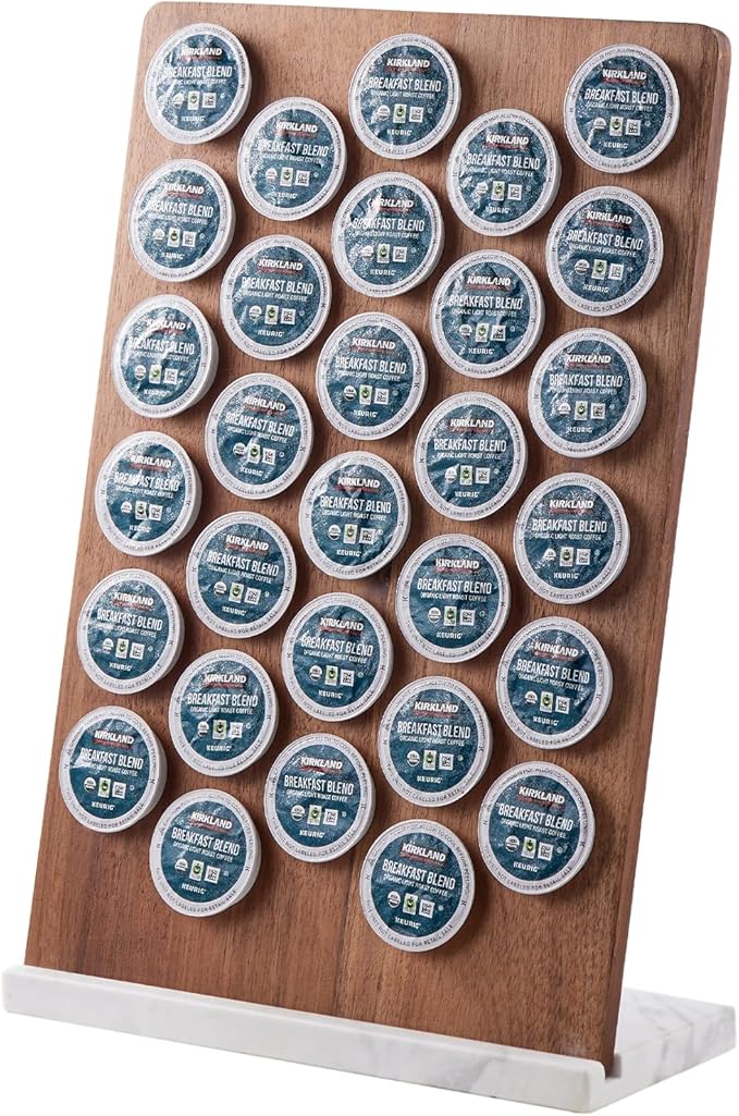 Coffee Pod Holder K Cup Organizer - Acacia Wood Storage Rack with Weighted White Marble Base - 30+ Pod Capacity Countertop Stand - Modern Kitchen Storage Organizer