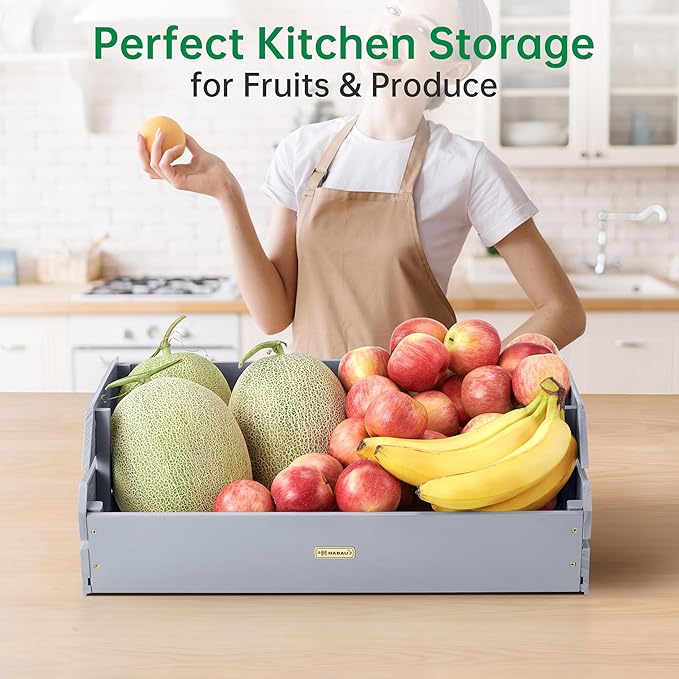 HABAU Potato Onion Storage Bin - Wood Stackable Produce Basket with Handles - Fruit and Vegetable Storage for Kitchen and Pantry Counter Organization - 1 Pack