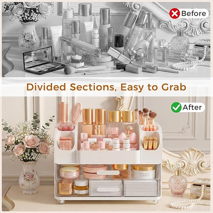 Makeup Organizer for Vanity with Drawers, Large Countertop Makeup Organizer - Skincare Storage, Brush Holder, Perfume & Cosmetics Display Case (White)