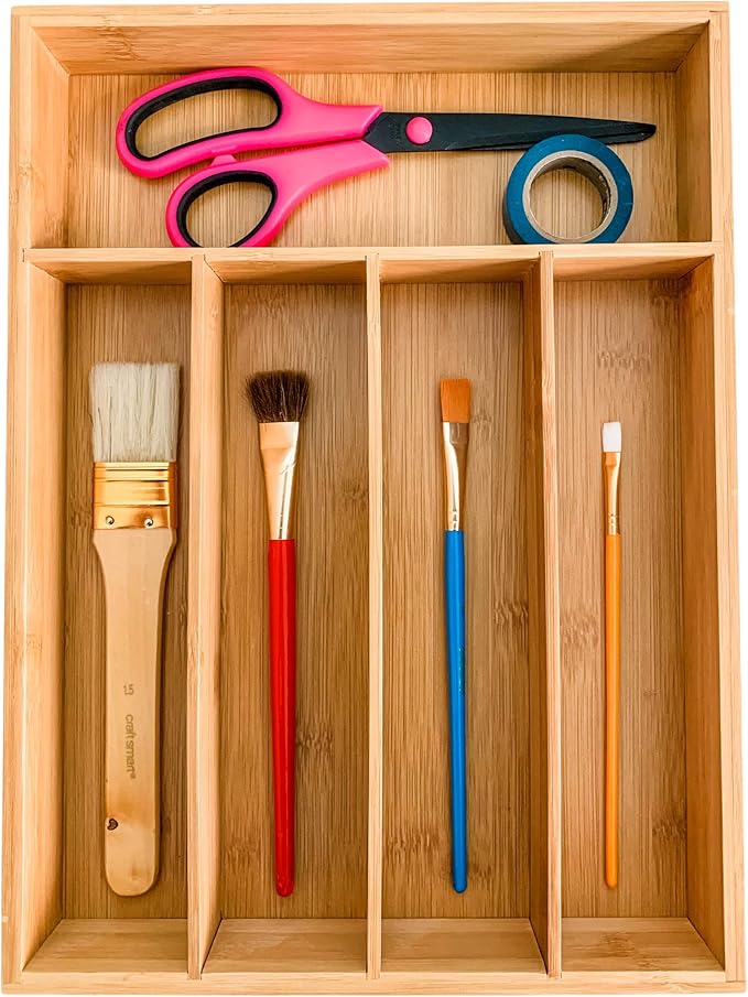 Drawer Organizer -100% Organic Bamboo- Premium Cutlery and Utensil Tray Perfect For The Kitchen, Bathroom, Desk- Kitchen Drawer Divider with 5 Compartments