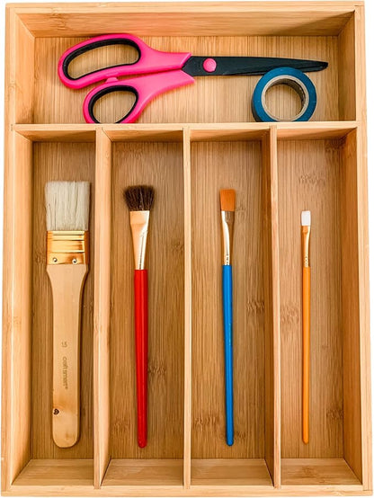 Drawer Organizer -100% Organic Bamboo- Premium Cutlery and Utensil Tray Perfect For The Kitchen, Bathroom, Desk- Kitchen Drawer Divider with 5 Compartments