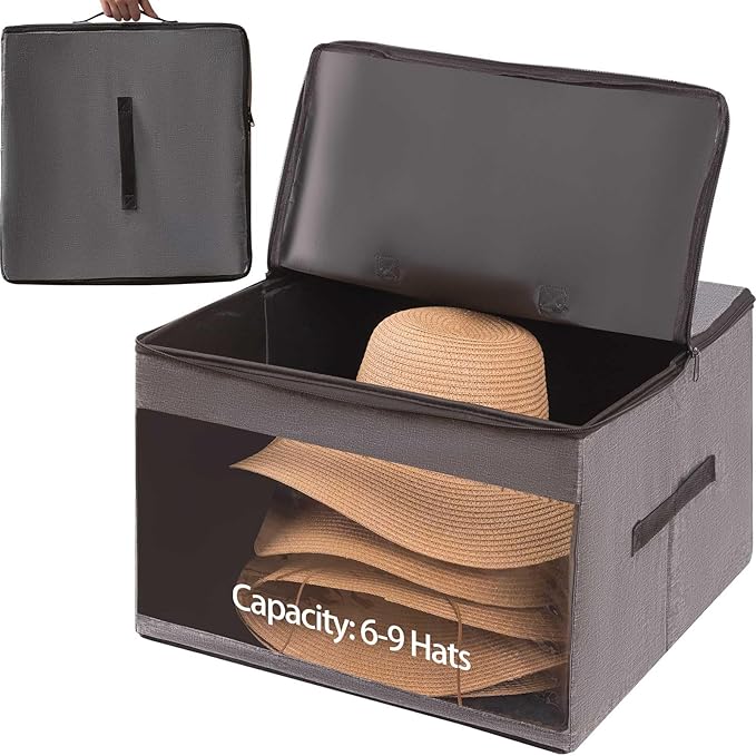 FAYYGYH Cowboy Hat Box 2Pcs Square Caps Case Bin with Handles Carry Collapsible Stackable for Travel Closet Organizers and Storage (Grey)