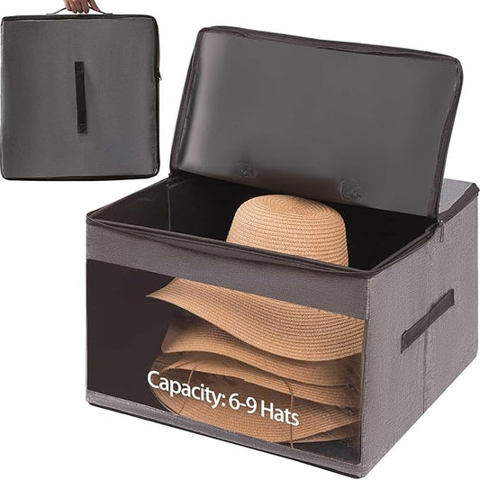 FAYYGYH Cowboy Hat Box 2Pcs Square Caps Case Bin with Handles Carry Collapsible Stackable for Travel Closet Organizers and Storage (Grey)