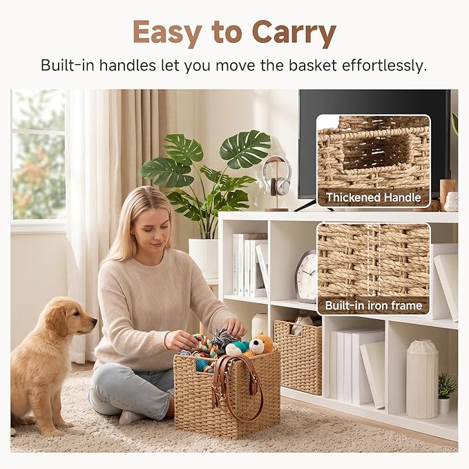 StorageWorks 11 inch Wicker Baskets, Handwoven Storage Cubes with Handles, Foldable Paper Rope Basket for Organizing, Natural, 2 Pack