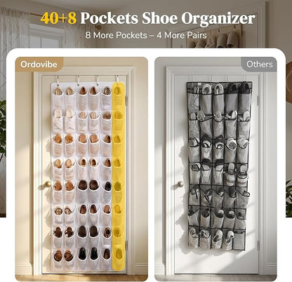 48 Pockets Over The Door Shoe Organizer, Large Mesh Hanging Shoe Rack, 6-Column Heavy Duty Shoe Storage for Sneakers and Heels, Behind Door Holder for Entryway Bedroom Dorm College, White