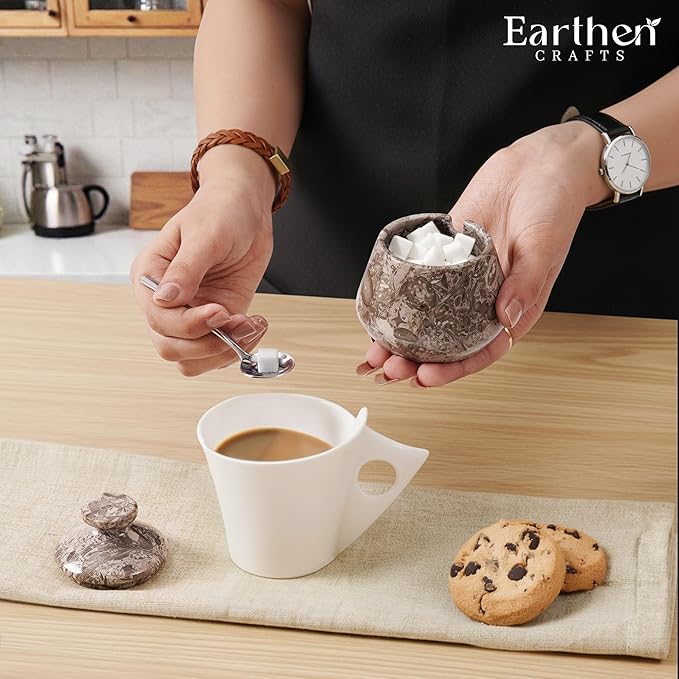 Marble Salt Cellar with Lid and Spoon 3" Inches Oceanic Salt Box, Natural Stone Salt Holder for Kitchen Counter, Salt Container, Sugar Container, 3 OZ Capacity