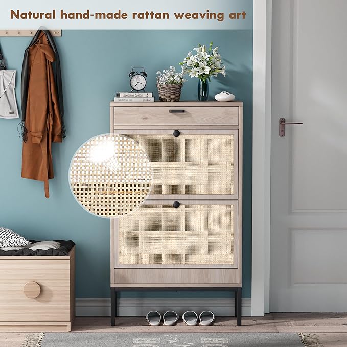 Brafab Shoe Storage Cabinet with Flip Drawers & Adjustable Shelves, Rectangular Rattan Doors - For Hallways and Entryways