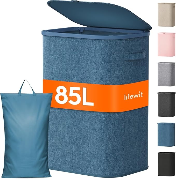 Lifewit 85L Large Laundry Basket with Lid, Laundry Hamper with Plastic Handles and Removable Bag, Foldable Tall Dirty Clothes Hampers for Laundry for Laundry Room, Bedroom, Bathroom, Dorm, Dark Blue