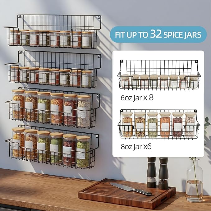 Spice Rack Wall Mount, Spice Organizer for Cabinet & Pantry Door, Set of 4 Hanging Spice Rack Saving Space for Kitchen, Black