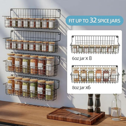 Spice Rack Wall Mount, Spice Organizer for Cabinet & Pantry Door, Set of 4 Hanging Spice Rack Saving Space for Kitchen, Black