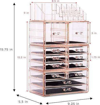 Sorbus Large Makeup Organizer - Clear Stackable Jewelry & Makeup Organizer For Vanity, Bathroom Storage, Dresser - 12 Drawers Cosmetic Beauty Organizers and Storage with Lipstick, Makeup Brush Holder