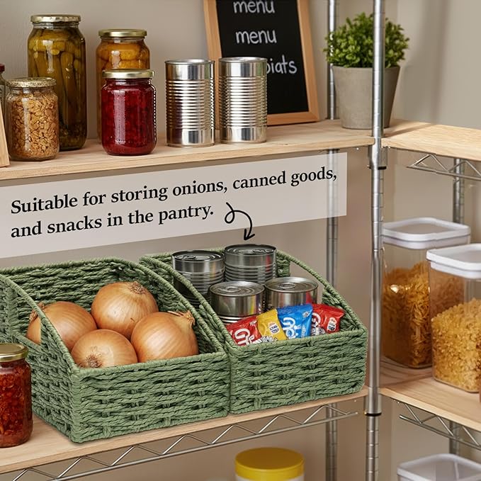 Storage Basket, 2 Pack Handwoven Round Paper Rope Pantry Baskets for Organizing with Handles, Iron Frame Support Baskets for Shelves,Trapezoid Wicker Basket for Home Decor, Green