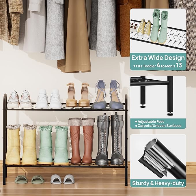 viewcare Shoe Rack for Closet, 3-Tier Long Shoe Rack for Entryway & Garage, Sturdy Metal Construction, Shoe Organizer Holds 8-12 Pairs