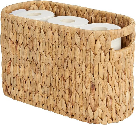 Toilet Paper Storage Basket, Water Hyacinth Wicker Storage Holder for 6 Rolls Toilet Paper with Built-in Handles