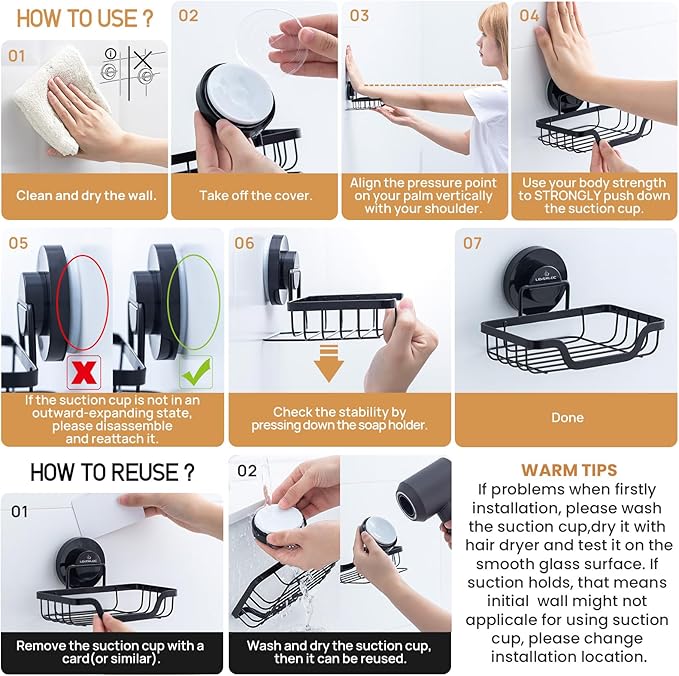 LEVERLOC Soap Dish, Soap Bar Holder for Shower Suction Cup Wall Mounted, Stainless Steel No-Drilling Removable Waterproof Sponge Holder for Bathroom Bathtub Kitchen Sink, Keep Dry, Black