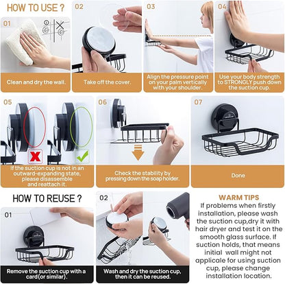 LEVERLOC Soap Dish, Soap Bar Holder for Shower Suction Cup Wall Mounted, Stainless Steel No-Drilling Removable Waterproof Sponge Holder for Bathroom Bathtub Kitchen Sink, Keep Dry, Black