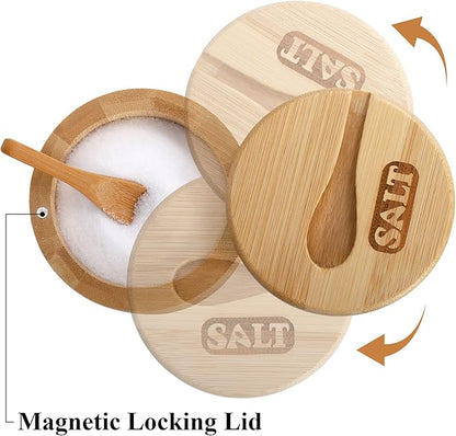Lawei 2 Pack Bamboo Salt and Pepper Bowls, Round Salt Container with Magnetic Swivel Lids and Spoons, Bamboo Salt Cellars, Seasoning Storage Holder Box for Salt, Pepper, Sugar, Spice