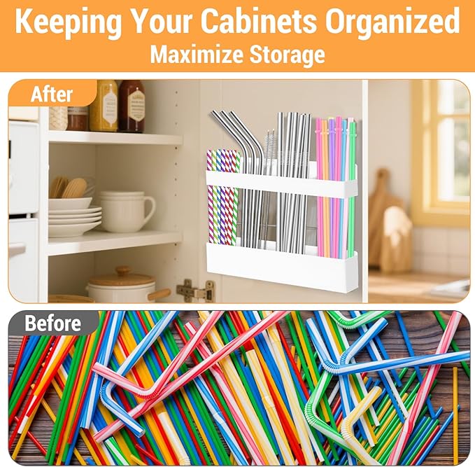 Carbon Steel Straw Holder for Cabinet – Heavy Duty Cabinet Straw Holder Organizer with Magnetic & Adhesive Mount, Organizer for Cabinet Door or Wall