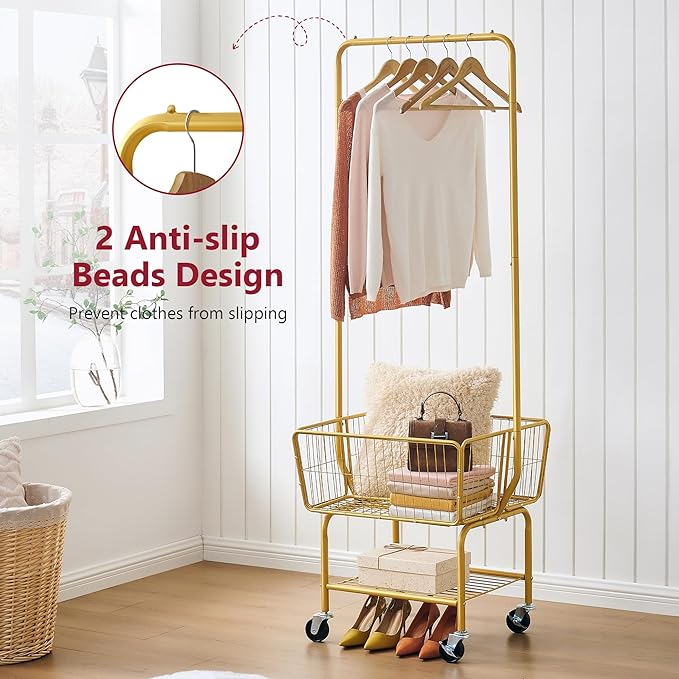 Tajsoon Laundry Cart with Wheels, Metal Rolling Laundry Hamper with Hanging Rack, Storage Basket and Shelf, Gold
