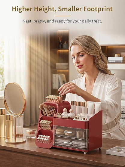 Booklov Makeup Organizer for Vanity, Large Capacity Cosmetic Display Case with Clear Acrylic Drawers, Countertop Beauty Storage Holder for Skincare, Brush Eyeshadow Lipstick, Counter Desk, Crystal Red