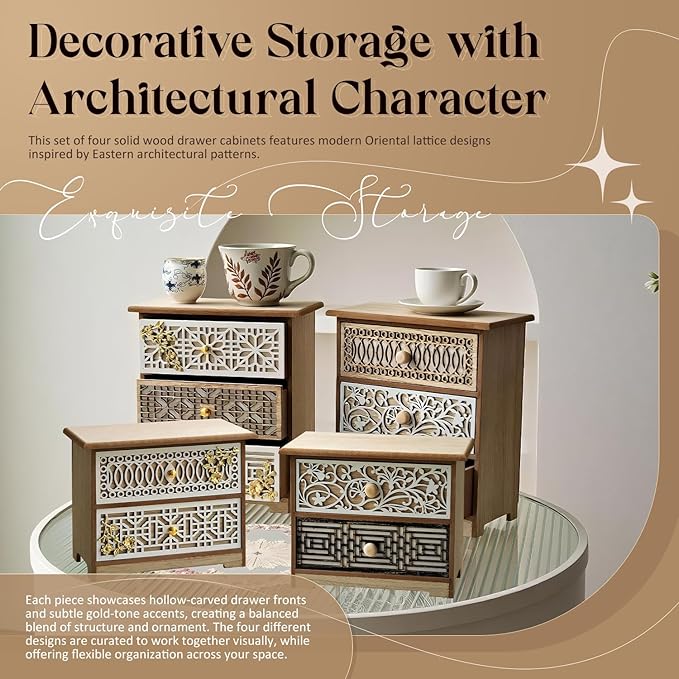 Set of 4 Decorative Solid Wood Drawer Organizers with Artisan Lattice Fronts — Vintage Eastern-Inspired Desktop Storage, Stackable Small Drawer Cabinets for Counters Countertops Cabinet Top